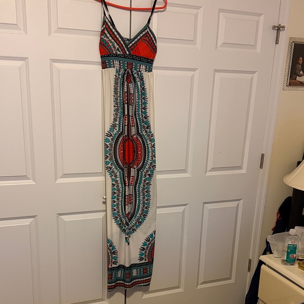 Bohemian Maxi Dress with Red and Blue Patterns